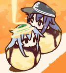  akatsuki_(kantai_collection) anchor_symbol black_eyes black_hair blue_eyes blue_hair blush flat_cap food hair_flaps hat hibiki_(kantai_collection) kantai_collection mayonnaise plate sauce seaweed sparkle takoyaki yoru_nai 