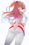  1girl ass bangs blue_eyes bodysuit breasts evangelion:_3.0+1.0_thrice_upon_a_time eyepatch from_behind gloves hair_ornament hands_on_hips highres long_hair looking_at_viewer looking_back medium_breasts neon_genesis_evangelion orange_hair pilot_suit plugsuit rebuild_of_evangelion shikinami_asuka_langley solo souryuu_asuka_langley test_plugsuit turtleneck two_side_up vinhnyu 