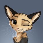  1:1 2020 anthro clothed clothing domestic_cat felid feline felis female fur hi_res inner_ear_fluff lax looking_at_viewer mammal one_eye_closed relaxable relaxablefur simple_background smile solo tan_body tan_fur tuft whiskers wink 