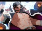  1boy abs beard belt black_hair blurry cannon cape chest_hair clenched_hand edward_teach_(fate/grand_order) facial_hair fate_(series) fingerless_gloves gloves grin letterboxed looking_at_viewer male_focus mustache navel omuraisusyougunn red_eyes smile upper_body 