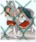  2girls bare_shoulders black_eyes black_hair blue_eyes blue_hair blush brown_neckwear brown_sailor_collar commentary_request detached_sleeves eyebrows_visible_through_hair highres isuzu_(kantai_collection) kantai_collection kitsuneno_denpachi long_hair multiple_girls nagara_(kantai_collection) neckerchief one_side_up open_mouth pleated_skirt red_skirt sailor_collar school_uniform serafuku shoes short_hair skirt sneakers thighhighs translation_request twintails white_footwear white_legwear white_sailor_collar 