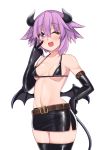  1girl ;d alternate_costume bare_shoulders black_bra black_gloves black_legwear black_skirt blush bra breasts cowboy_shot demon_horns demon_tail demon_wings dura elbow_gloves fang gloves hair_between_eyes halloween halloween_costume hand_on_hip highres horns looking_at_viewer midriff miniskirt navel neptune_(neptune_series) neptune_(series) one_eye_closed open_mouth purple_eyes purple_hair revealing_clothes short_hair simple_background skirt small_breasts smile solo tail thighhighs underwear v_over_eye white_background wings 