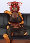  1girl animal_ears belt blush breasts cleavage closed_mouth commission couch crop_top dark_skin eyebrows_visible_through_hair facial_mark green_eyes highres large_breasts looking_at_viewer nav navel original pants red_hair short_hair sitting smile solo 