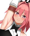  1boy arm_up armpits astolfo_(fate) astolfo_(saber)_(fate) bangs bare_shoulders black_neckwear black_ribbon blush detached_sleeves fate/grand_order fate_(series) foolfool_45 hair_intakes highres long_hair looking_at_viewer otoko_no_ko pink_hair purple_eyes ribbon simple_background smile white_background 