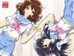  2girls black_hair blue_sailor_collar blue_skirt brown_eyes brown_hair dai_suke_judo_bjj from_above hibike!_euphonium highres kousaka_reina long_hair looking_at_viewer lying midriff miniskirt multiple_girls navel on_back open_mouth oumae_kumiko pink_neckwear pleated_skirt purple_eyes sailor_collar school_uniform serafuku shiny shiny_hair shirt short_sleeves skirt stomach white_background white_shirt 