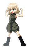  1girl absurdres bangs black_footwear blonde_hair blue_eyes boots clenched_hands fang flexing full_body girls_und_panzer green_jumpsuit highres insignia jumpsuit kamishima_kanon katyusha_(girls_und_panzer) looking_to_the_side military military_uniform open_mouth pose pravda_military_uniform short_hair short_jumpsuit simple_background skin_fang sleeveless smirk solo standing uniform v-shaped_eyebrows white_background 