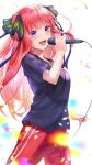  1girl :d bangs black_ribbon black_shirt blue_eyes blunt_bangs blush commentary_request eyebrows_visible_through_hair go-toubun_no_hanayome hair_ribbon highres holding holding_microphone long_hair microphone nakano_nino open_mouth pants red_hair red_pants ribbon shirt shishamo_(masato_k) short_sleeves smile solo t-shirt white_background 