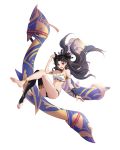  1girl :d absurdres anklet bandeau barefoot black_hair black_legwear breasts cleavage commentary_request earrings eyulam fate/grand_order fate_(series) feet floating_hair highres hoop_earrings ishtar_(fate)_(all) ishtar_(fate/grand_order) jewelry long_hair looking_at_viewer medium_breasts midriff navel open_mouth red_eyes simple_background single_thighhigh smile solo stomach strapless thighhighs thighs tubetop white_background 