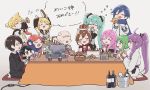  &gt;_&lt; 4boys 6+girls ahoge aqua_hair aqua_neckwear arm_warmers armband bangs bare_shoulders birthday_party black_collar black_hair black_skirt black_sleeves black_suit blonde_hair blue_hair blue_scarf blush bow brown_hair clapping closed_eyes coat collar commentary confetti crop_top crown cup detached_sleeves dress drinking_glass earmuffs faceless faceless_male food formal fur-trimmed_dress fur_trim glasses green_eyes green_hair grey_shirt gumi hair_bow hair_ornament hairclip hand_on_own_cheek hatsune_miku hazuki_015 highres hiyama_kiyoteru hotpot ice_bucket instrument japanese_clothes kaai_yuki kagamine_len kagamine_rin kaito kamui_gakupo kotatsu long_hair master_(vocaloid) megurine_luka meiko meiko_(vocaloid3) miniskirt multiple_boys multiple_girls music neckerchief necktie party party_popper pink_hair plate playing_instrument pleated_skirt ponytail purple_eyes purple_hair red_shirt sailor_collar scarf school_uniform sf-a2_miki shirt short_hair short_ponytail short_sleeves short_twintails shorts shoulder_tattoo sitting skirt sleeveless sleeveless_shirt smile spiked_hair suit swept_bangs table tambourine tattoo translated trumpet twintails very_long_hair vocaloid white_bow white_coat white_robe white_shirt wine_glass yellow_nails yellow_neckwear 