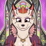  1:1 animated anthro breasts canid canine cleavage clothed clothing cockpit crown cute_fangs ear_piercing ear_ring female fox fur inner_ear_fluff jewelry mammal nakhta necklace neon_noble nintendo parody piercing portrait queen royalty ruff_(clothing) short_playtime smile solo stained_glass star_fox tuft video_games white_body white_fur 
