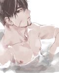  1boy alternate_hairstyle black_eyes black_hair chest closed_mouth collarbone facial_hair facial_scar goatee golden_kamuy hair_strand isa_(peien516) looking_at_viewer male_focus nipples ogata_hyakunosuke onsen scar scar_on_cheek short_hair simple_background solo upper_body wet wet_hair 