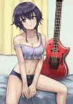  1girl atsuyah0310 bangs bedroom between_legs black_hair blue_shorts breasts cleavage collarbone guitar hair_between_eyes hand_between_legs hyoudou_michiru indoors instrument long_hair medium_breasts midriff navel off_shoulder on_bed purple_eyes saenai_heroine_no_sodatekata shiny shiny_hair short_hair_with_long_locks short_shorts shorts sidelocks sitting sitting_on_bed solo spread_legs stomach tank_top 