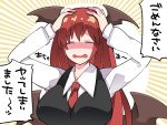  1girl between_breasts blush breasts closed_eyes formal hammer_(sunset_beach) hands_on_head head_wings highres koakuma long_hair necktie open_mouth red_hair solo suit touhou translation_request 