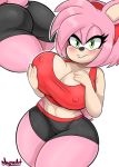  2020 accessory amy_rose anthro big_breasts bite biting_lip biting_own_lip black_nose blush bmayyneart breasts butt cleavage clothed clothing eulipotyphlan eyelashes female green_eyes hair hair_accessory hairband hedgehog hi_res looking_at_viewer mammal nipple_outline pink_hair self_bite short_hair solo sonic_the_hedgehog_(series) thick_thighs 