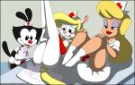  animaniacs anthro black_body black_eyes black_fur blonde_hair blue_eyes blush clothing cross diaper dot_warner female female/female footwear fur gloves grin group hair half-closed_eyes handwear hello_nurse human humanoid lavender_(flower) lipstick makeup mammal minerva_mink narrowed_eyes nurse nurse_uniform pink_body pink_nose red_gloves red_nose smile socks tagme uniform verona7881 verona_(artist) warner_brothers 