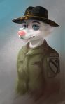 2018 anthro blue_eyes canid canine canis clothed clothing didelphid domestic_dog eyebrows fangs feral gradient_background half-length_portrait hat headgear headwear hi_res looking_at_viewer male mammal marsupial military military_cap military_clothing military_uniform pimpartist pink_nose portrait simple_background solo traditional_media_(artwork) u.s._army uniform 