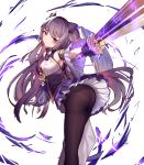  1girl absurdres ass bangs bare_shoulders bent_over black_legwear breasts detached_sleeves dress energy eyebrows_visible_through_hair facing_to_the_side foreshortening frills genshin_impact gloves hair_ornament highres holding holding_weapon keqing lightning long_hair looking_at_viewer medium_breasts mirrorya pantyhose purple_eyes purple_hair sidelocks simple_background solo sword twintails weapon white_background 