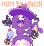  :d alternate_color artsy-rc basket candy commentary english_commentary food gen_6_pokemon gen_8_pokemon gourgeist halloween_bucket happy_halloween hatterene highres holding holding_basket jack-o&#039;-lantern looking_at_viewer no_humans one_eye_closed open_mouth pokemon pokemon_(creature) pumpkaboo shiny_pokemon signature smile 