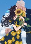  1boy 1girl archer belt_buckle black_bow black_dress black_hair black_pants black_shirt blue_sky bow bra_strap buckle closed_eyes cloud collarbone collared_shirt couple day dress dress_shirt fate/stay_night fate_(series) floating_hair floral_print flower hair_bow hetero highres holding holding_flower kiss long_hair outdoors pants print_dress shimatori_(sanyyyy) shiny shiny_hair shirt short_hair silver_hair sky spiked_hair sundress sunflower tohsaka_rin twintails very_long_hair wing_collar yellow_belt yellow_flower 