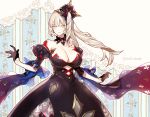  1girl bangs bare_shoulders black_dress black_gloves breasts cleavage collar dark_persona dress fate/grand_order fate_(series) gloves hair_ornament half_gloves koshika_rina large_breasts long_hair looking_at_viewer marie_antoinette_(alter)_(fate/grand_order) marie_antoinette_(fate/grand_order) metal_collar pale_skin side_ponytail silver_hair smile twitter_username yellow_eyes 
