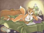  2009 amulet anthro bed book breasts caliosidhe candle canid canine clothing female fox furniture hair mammal nipples on_bed panties pencil_(object) pillow solo tan_body tia_nay underwear underwear_around_one_leg 