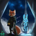  1:1 2020 anthro canid canine clothed clothing cortana cosplay crossover crossover_cosplay detailed_background disney duo fox fully_clothed fur green_eyes halloween_costume halo_(series) hi_res judy_hopps knoton13 lagomorph leporid mammal master_chief microsoft nick_wilde orange_body orange_fur rabbit red_fox standing video_games xbox_game_studios zootopia 