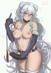 1girl animal_ears arknights bangs bare_shoulders bear_ears black_gloves blue_hair blush breasts brown_eyes collar cowboy_shot dated dildo elbow_gloves eyebrows_visible_through_hair gloves grey_hair highres index_finger_raised large_breasts leash long_hair looking_at_viewer multicolored_hair navel purple_hair rosa_(arknights) samsara_(shuukeura) sex_toy shadow signature simple_background smile solo strap-on streaked_hair thighhighs very_long_hair white_background 