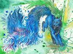  2020 4_toes ambiguous_gender blue_body blue_fur canid canine feral fox fur furry_tail fuzzymaro happy leaf leaping looking_at_viewer mammal open_mouth painting_(artwork) running signature smile solo toes traditional_media_(artwork) watercolor_(artwork) 