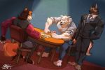 2020 anthro canid canine canis chair clothed clothing digital_media_(artwork) domestic_dog fansila6 fox fur furniture group hair hi_res male male_focus mammal poker_cards simple_background sitting table wolf 
