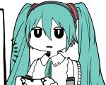  1girl akari_ga_yatte_kitazo_(vocaloid) aqua_hair aqua_neckwear bare_shoulders chair commentary controller derivative_work detached_sleeves expressionless game_controller gyari_(imagesdawn)_(style) hair_ornament hatsune_miku hatsune_miku_(nt) headphones holding holding_controller holding_game_controller limited_palette long_hair monitor necktie parody piapro playing_games rennkurusu shirt sitting sleeveless sleeveless_shirt solo twintails upper_body very_long_hair vocaloid white_shirt white_skin 