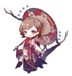  1girl blue_skirt branch brown_eyes brown_hair chibi commentary floral_print flower full_body hair_flower hair_ornament holding holding_umbrella japanese_clothes kimono long_skirt looking_at_viewer mamenomoto meiko obi open_mouth oriental_umbrella pleated_skirt red_flower sash skirt smile solo standing tree umbrella vocaloid white_background white_kimono wide_sleeves zouri 