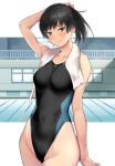  1girl amagami black_eyes black_hair black_swimsuit breasts collarbone commentary_request competition_swimsuit cowboy_shot highres looking_at_viewer one-piece_swimsuit ponytail pool serizawa_(serizawaroom) short_hair small_breasts smile solo swimsuit towel towel_around_neck tsukahara_hibiki white_towel 