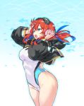  1girl black_jacket blue_eyes blue_hair breasts colored_inner_hair commentary_request competition_swimsuit conch cowboy_shot goggles goggles_on_head highres jacket kiyama_satoshi long_hair medium_breasts multicolored_hair one-piece_swimsuit open_mouth original red_hair seashell shell shell_to_ear solo swimsuit two-tone_hair white_swimsuit 