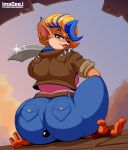  activision anthro bandicoot big_butt butt clothing crash_bandicoot crash_bandicoot_(series) cutlass duo ear_piercing ear_ring facesitting female fingerless_gloves gloves handwear imadeej jacket leather leather_jacket male male/female mammal marsupial melee_weapon piercing pirate_tawna smothering spikes sword tawna_bandicoot text thick_thighs topwear url video_games weapon 