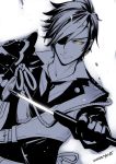  1boy armor black_gloves dated eyepatch gloves holding holding_sword holding_weapon japanese_armor looking_at_viewer male_focus necktie sakakibara_mizuki sheath shokudaikiri_mitsutada smile solo spot_color sword touken_ranbu unsheathing upper_body weapon yellow_eyes 