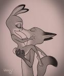  2018 anthro anthro_on_anthro canid canine carrying dipstick_ears dipstick_tail disney dubstepina duo eyes_closed female flat_chested fox hi_res judy_hopps kissing lagomorph leporid male male/female mammal multicolored_ears multicolored_tail nick_wilde nude rabbit red_fox signature simple_background zootopia 