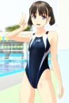  1girl absurdres black_eyes black_hair clothes_writing collarbone commentary_request competition_swimsuit cowboy_shot flat_chest highres one-piece_swimsuit original outdoors pool solo standing string_of_flags swimsuit takafumi twintails v 