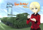  1girl absurdres bangs black_skirt blonde_hair blue_eyes braid churchill_(tank) closed_mouth commentary_request cup darjeeling_(girls_und_panzer) dated day emblem english_text epaulettes eyebrows_visible_through_hair girls_und_panzer ground_vehicle happy_birthday highres holding holding_cup holding_saucer huge_filesize jacket long_sleeves looking_at_viewer military military_uniform military_vehicle motor_vehicle ooarai_(ibaraki) ooarai_marine_tower outdoors partial_commentary pleated_skirt red_jacket saucer short_hair skirt smile solo st._gloriana&#039;s_(emblem) st._gloriana&#039;s_military_uniform standing tank teacup tied_hair twin_braids uniform yontouhei2019 