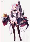  1girl adapted_costume alcohol alternate_costume antenna_hair apron azumi_akitake azur_lane bangs bare_shoulders black_footwear black_legwear bottle breasts brown_eyes center_opening character_name cleavage cleavage_cutout clothing_cutout commentary_request copyright_name detached_sleeves dress enmaided frills full_body garters hair_between_eyes hand_on_own_thigh heart_cutout high_heels highres holding holding_tray iron_cross large_breasts leg_garter long_hair looking_at_viewer machinery maid maid_apron maid_headdress mole mole_on_breast multicolored_hair parted_lips prinz_eugen_(azur_lane) revision rigging short_dress sideboob silver_hair skindentation solo standing streaked_hair swept_bangs thigh_strap thighhighs thighs tray turret two_side_up very_long_hair wine_bottle wrist_cuffs 