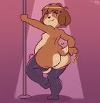  2020 3_fingers animal_crossing anthro balls belly big_belly black_clothing black_legwear black_nose black_stockings blush brown_body brown_fur brown_hair butt butt_slap canid canine canis clothing digby_(animal_crossing) digital_media_(artwork) domestic_dog fingers foreskin frumples fur genitals hair hi_res humanoid_genitalia humanoid_penis legwear looking_at_viewer male mammal multicolored_body multicolored_fur nintendo nipples no_sclera nude on_one_leg overweight penis pole pose shih_tzu short_tail signature simple_background simple_eyes slap smile solo standing stockings stripper stripper_pole tan_body tan_fur thick_thighs thigh_highs toy_dog two_tone_body two_tone_fur uncut video_games 