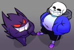  2020 animated_skeleton black_sclera bone clothed clothing duo eye_contact gengar grey_background grin hoodie looking_at_another male nintendo pok&eacute;mon pok&eacute;mon_(species) red_eyes sans_(undertale) simple_background skeleton slippers smile standing toony topwear torquewintress undead undertale video_games 