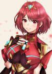  1girl armor bangs blush breasts earrings gem hair_ornament hands_on_own_chest headpiece jewelry large_breasts looking_at_viewer pose pyra_(xenoblade) red_hair short_hair shoulder_armor smile solo swept_bangs tiara usui_natrium xenoblade_chronicles_(series) xenoblade_chronicles_2 