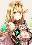  1girl armor bangs blonde_hair blush breasts cleavage cleavage_cutout clothing_cutout earrings gem hair_ornament hands_on_own_chest headpiece jewelry large_breasts long_hair looking_at_viewer mythra_(xenoblade) nervous pose shoulder_armor solo swept_bangs tiara usui_natrium very_long_hair xenoblade_chronicles_(series) xenoblade_chronicles_2 