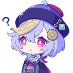  1girl :&lt; ? ayao_(axt1224) bead_necklace beads chinese_clothes frown genshin_impact hair_ornament hat jacket jewelry necklace ofuda pink_eyes purple_hair purple_headwear purple_jacket qing_guanmao qiqi short_hair simple_background solo talisman upper_body white_background 