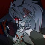  1:1 anthro blood bodily_fluids braided_hair canid canid_demon canine canis clothing demon dress female fur hair halloween hellhound helluva_boss holidays loona_(vivzmind) mammal monster official_art red_eyes solo vivzmind white_body white_eyes white_fur wolf 