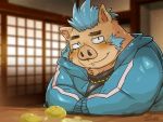  2020 4:3 anthro blush cute_fangs detailed_background gouryou hi_res kemono male mammal overweight overweight_male sitting solo suid suina sus_(pig) tiri_mama tokyo_afterschool_summoners video_games wild_boar 