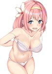  1girl bangs bare_shoulders blue_eyes blush bra breasts cleavage collarbone dressing eyebrows_visible_through_hair frown groin hair_between_eyes hair_ornament hairband highres large_breasts looking_at_viewer navel open_mouth panties pink_hair princess_connect! princess_connect!_re:dive short_hair solo stomach thighs underwear user_dkhm3844 wavy_mouth white_bra white_panties yui_(princess_connect!) 
