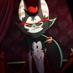  1:1 2020 annoyed anthro bow_tie clothing demon domestic_cat felid feline felis halloween hat hazbin_hotel headgear headwear holidays husk_(hazbin_hotel) male mammal mirror_selfie official_art selfie sharp_teeth solo teeth top_hat vivzmind 