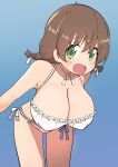  1girl absurdres bangs bikini blue_background braid breasts brown_hair bural_chingu cleavage green_eyes hair_between_eyes ham_na-bi highres huge_breasts looking_at_viewer low_twin_braids luke_(dydansgur) open_mouth short_braid simple_background smile solo swimsuit twin_braids 