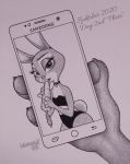  2020 anthro buckteeth carrot cellphone clothed clothing disembodied_hand disney dubstepina ear_piercing english_text female flat_chested food food_fetish fur hi_res holding_cellphone holding_food holding_object holding_phone inktober inktober_2020 judy_hopps lagomorph leporid mammal midriff open_mouth phone piercing plant rabbit suggestive suggestive_food teeth text tongue tongue_out vegetable zootopia 